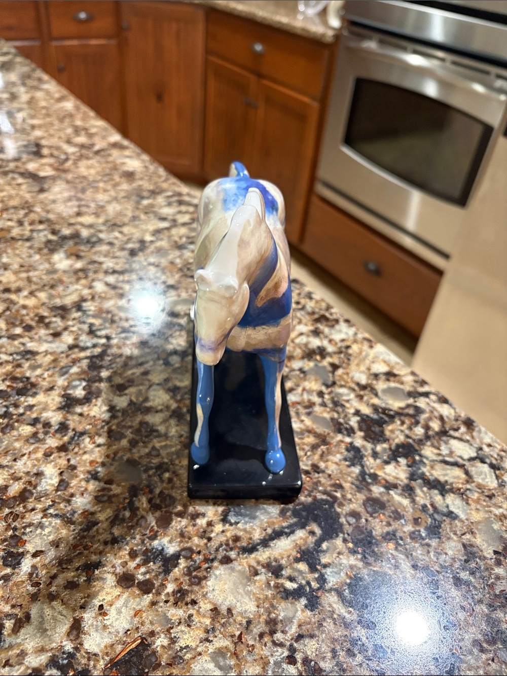 Blue and Cream Ceramic Horse Figurine on Black Base - Picture 3 of 5